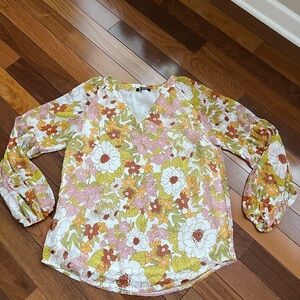 Floral V-Neck Blouse - Yellow and White